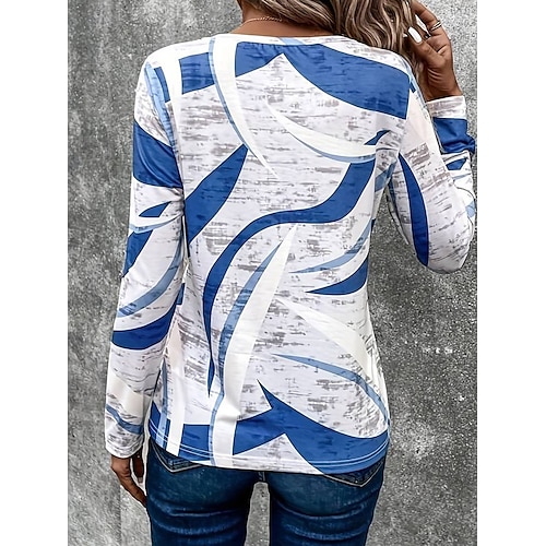  Femmes T-shirt Géométrique Occasionnel manche longue Col ras du cou Hauts Réguliers Quotidien Imprimé Bleu Violet Kaki Printemps Automne
