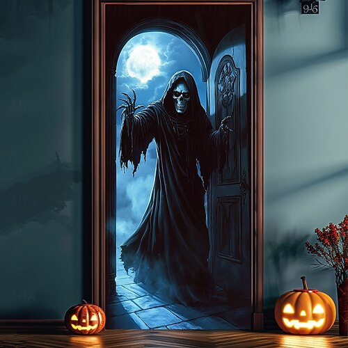 Copertura Per Porta Halloween 185x90 Cm Con Zucche E Fantasmi, Banner In Poliestere Per Esterno/interno