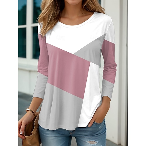 maglietta da donna casual color block stampa manica lunga top regolari girocollo quotidiano rosa primavera autunno