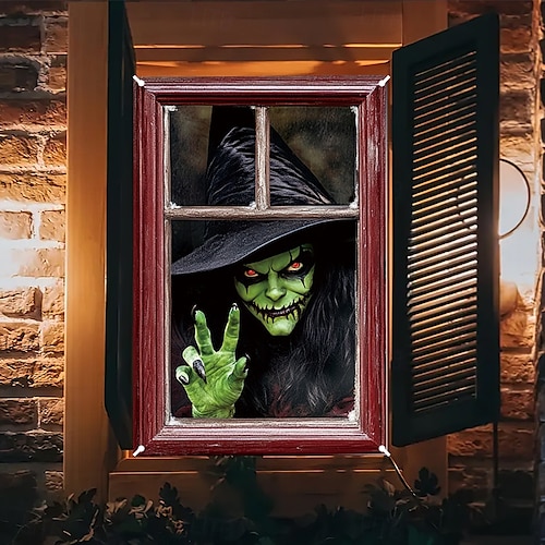  halloween vindusdekor dekorasjoner, stoff hekser skumle halloween gardin skrekkfilm plakat vindusdør som dekker dekor for hjemsøkt hus, skummelt halloween vindu klinger dekaler innendørs utendørs