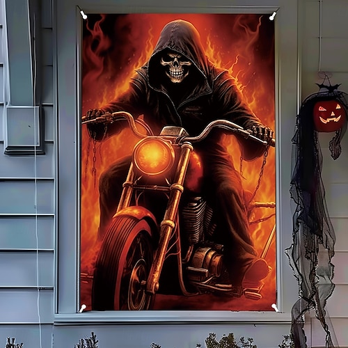  halloween vindusdekorasjoner, stoff skallen ut av brann halloween gardin plakat vindusdør som dekker dekor for hjemsøkt hus, skummelt halloween vindu klinger dekaler innendørs utendørs