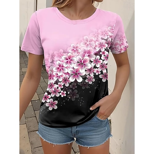  t-shirt femme décontracté imprimé manches courtes hauts réguliers quotidien noir rose bleu ciel bleu été
