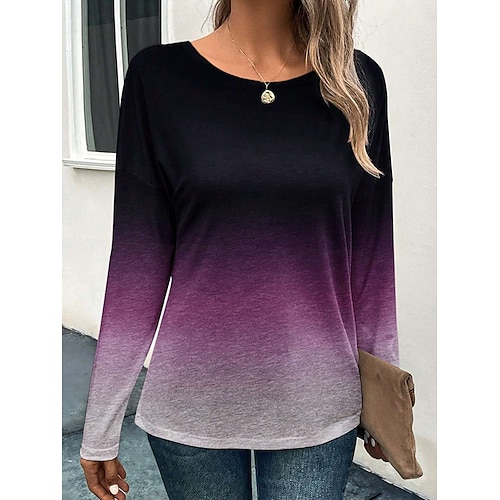  Dames T-shirt Kleurgradatie Modieus Casual Lange mouw Ronde hals Normale tops Dagelijks Weekend Afdrukken Rood blauw Paars Grijs Lente & Herfst