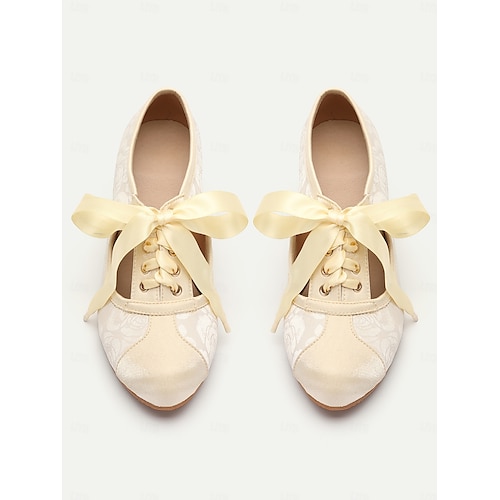  Women's Vintage Lace-Up Oxford Heels with Ribbon Laces and Floral Embroidery for Wedding and Formal Events