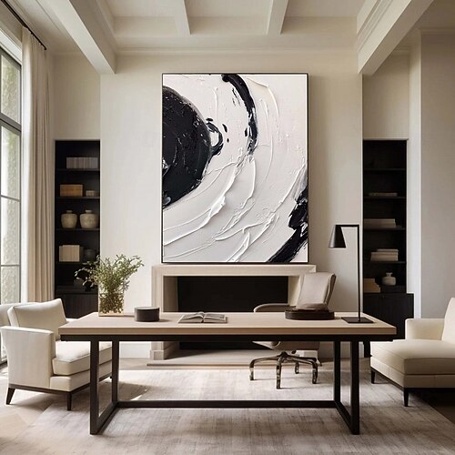 2025年 大きな黒い波の絵、手描きの黒い抽象画、手作りの白黒