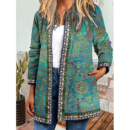  Women's Jacket Dailywear Square Neck Print Floral Casual / Daily Vintage Loose Fit Outerwear Long Sleeve Spring Ocean Blue S