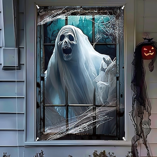  halloween vindusdekor dekorasjoner, stoff hekser skumle halloween gardin skrekkfilm plakat vindusdør som dekker dekor for hjemsøkt hus, skummelt halloween vindu klinger dekaler innendørs utendørs