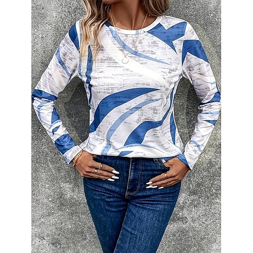  Femmes T-shirt Géométrique Occasionnel manche longue Col ras du cou Hauts Réguliers Quotidien Imprimé Bleu Violet Kaki Printemps Automne