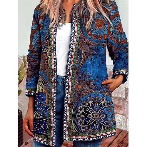  Women's Jacket Dailywear Square Neck Print Floral Casual / Daily Vintage Loose Fit Outerwear Long Sleeve Spring Ocean Blue S