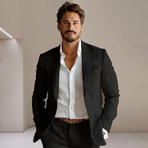  Herre Blazer jakke Bryllup jubileum Fest Sommer Vår Lin Helfarge Enkelt Brystet Enn-knapp Blazer Mørkegrå Svart Navyblå Blå