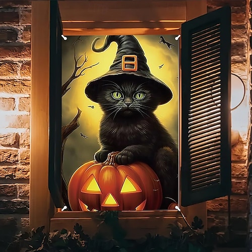  halloween vindusdekorasjoner, stoff skallen ut av brann halloween gardin plakat vindusdør som dekker dekor for hjemsøkt hus, skummelt halloween vindu klinger dekaler innendørs utendørs