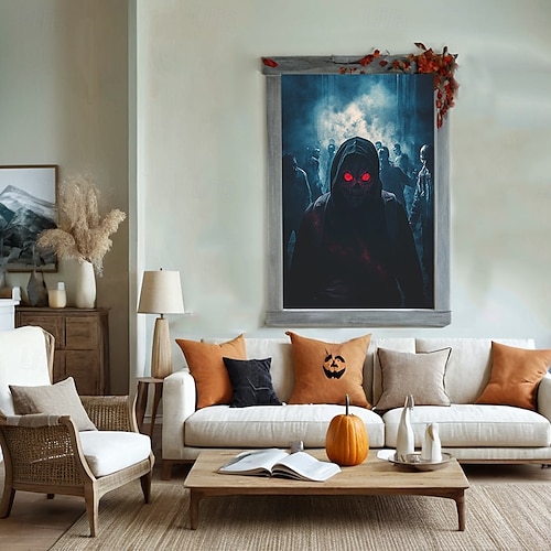  halloween vindusdekor dekorasjoner, stoff skumle halloween gardin skrekkfilm plakat vindusdør som dekker dekor for hjemsøkt hus, skummelt halloween vindu klinger dekaler innendørs utendørs