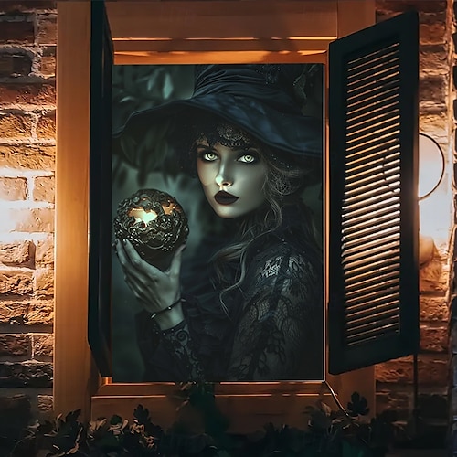  halloween vindusdekor dekorasjoner, stoff skumle halloween gardin skrekkfilm plakat vindusdør som dekker dekor for hjemsøkt hus, skummelt halloween vindu klinger dekaler innendørs utendørs