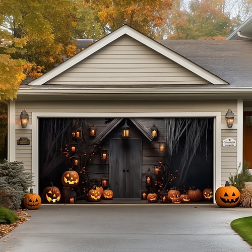  decorazioni per porte di Halloween, copertura per porta da garage di Halloween, striscione per esterni con zucca, porta vintage spaventosa, grande fondale, decorazione per le vacanze, porta da garage