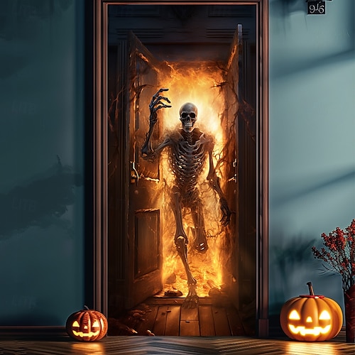  halloween dveřní dekorace halloween kryty dveří vlkodlak kostra dveře tapisérie dveřní záclona dekorace pozadí dveřní banner pro přední dveře statek dovolená party vnitřní venkovní dekorace zásoby