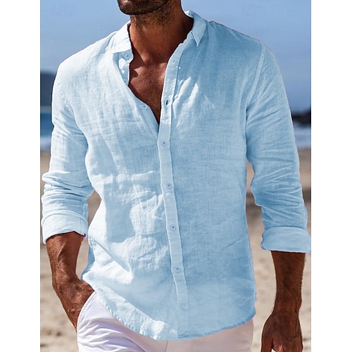  Per uomo Camicia camicia di lino Camicia estiva Abbigliamento mare Camicia con bottoni Liscio Informale Giornaliero Nero Bianco Rosa Blu marino Manica lunga Collo ripiegabile Primavera estate