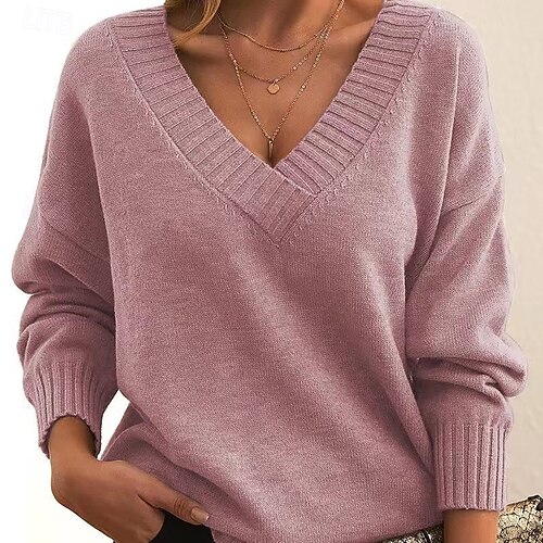 Femme Pull Chandail Pull décontracté Mode Vêtement de rue mode Couleur unie Col V Col en V manche longue Hauts réguliers Tricoter Travail Noir Blanche Automne Hiver