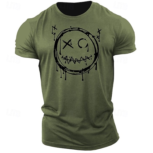  Herr Rolig Le ansikte T-shirt T-tröja 100 % bomull Kortärmad Grafisk Skjorta Armégrön Bekväm t-shirt Gata Utomhussport Modedesignerkläder