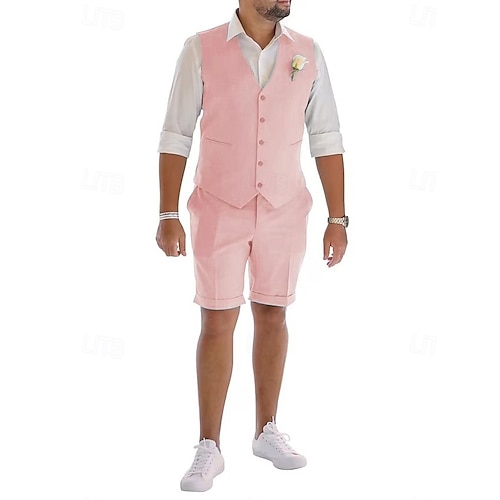  Men's Linen Suits Wedding Shorts Waistcoat Beach Summer Solid Formal Light Blue Sky Blue Dark Navy Colored Causal 2 Piece Tailored Fit