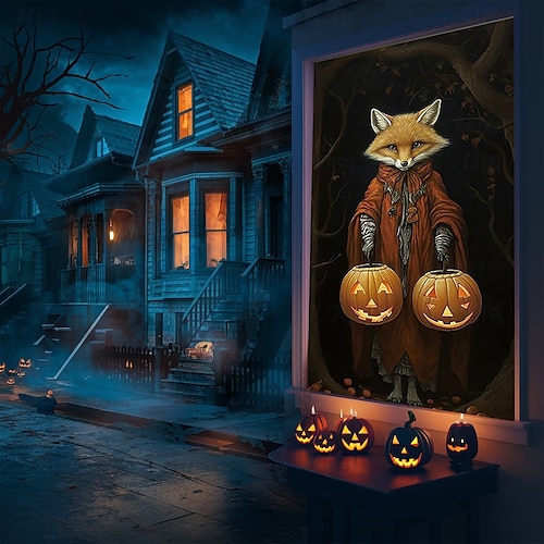  halloween fönsterskyddsdekorationer, tyg söta spökljus halloweengardin skräckfilmaffisch fönsterdörrtäckningsdekor för spökhus, läskiga halloweenfönster klamrar dekaler inomhus utomhus