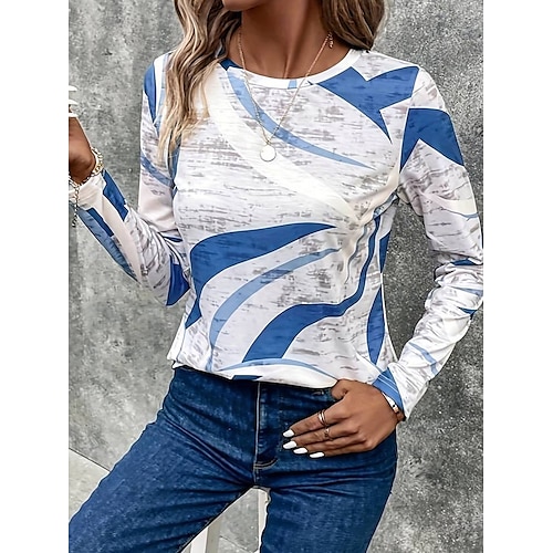  Femmes T-shirt Géométrique Occasionnel manche longue Col ras du cou Hauts Réguliers Quotidien Imprimé Bleu Violet Kaki Printemps Automne