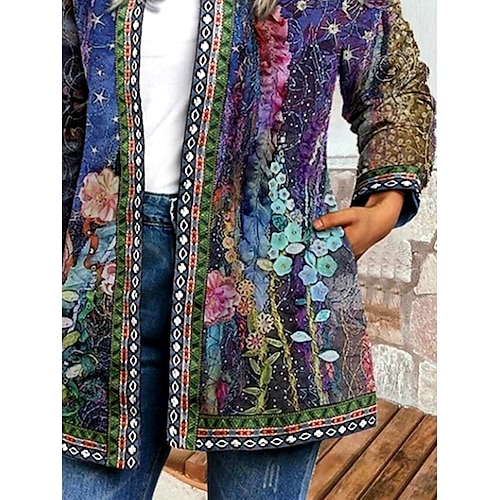  Women's Jacket Dailywear Square Neck Print Floral Casual / Daily Vintage Loose Fit Outerwear Long Sleeve Spring Ocean Blue S