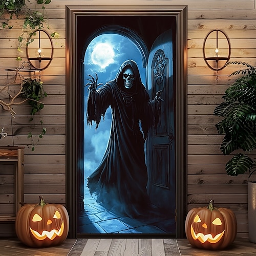 Copertura Per Porta Strega Di Halloween 81x200 Cm - Decorazione Casa In Tessuto Elastico, Motivo Orribile Divertente