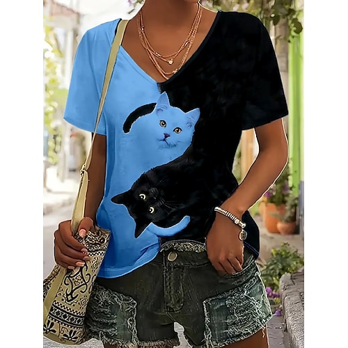  dámské tričko basic casual color block cat print krátký rukáv běžné topy do výstřihu denní černobílá modrá oranžová letní
