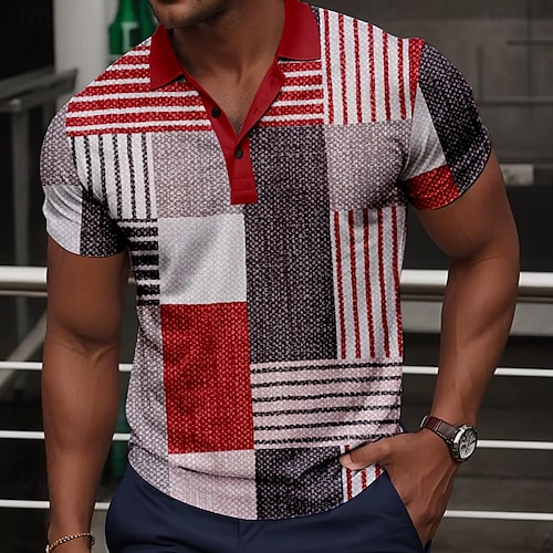  Men's Plaid Golf Shirt Short Sleeve Polo Shirts Collared Shirts Vintage Casual Vacation Wear Formal Wear Festival Wear Buttons 3D Print Summer Red Blue Green