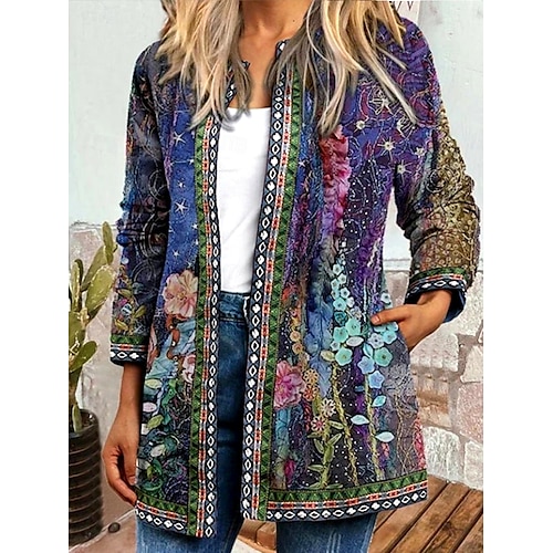  Women's Jacket Dailywear Square Neck Print Floral Casual / Daily Vintage Loose Fit Outerwear Long Sleeve Spring Ocean Blue S
