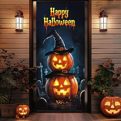  decorazioni per porte di Halloween copriporta di Halloween zucca di Jack O' Lantern arazzo per porta del castello tenda per porta decorazione sfondo striscione per porta per porta d'ingresso fattoria