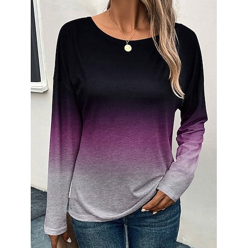  Dames T-shirt Kleurgradatie Modieus Casual Lange mouw Ronde hals Normale tops Dagelijks Weekend Afdrukken Rood blauw Paars Grijs Lente & Herfst