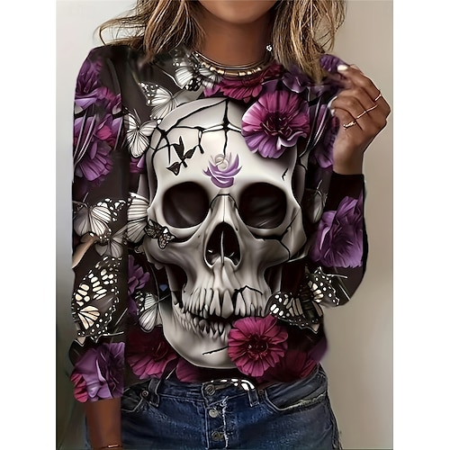 T-shirt femme Halloween à manches longues avec crânes col rond tunique imprimée violet printemps automne pré-automne