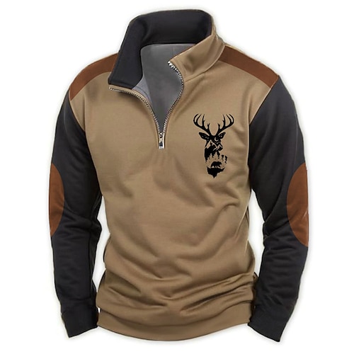 

Men's Hunting Deer Sweatshirts Quarter Zip Sweatshirt Long Sleeve Hoodie Sweatshirt Half Zip Vintage Retro 3D Printing Hunting Brown Half Zip Winter Spring & Fall Designer