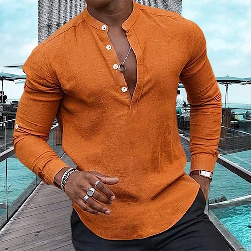 

Men's Shirt Linen Shirt Popover Shirt Summer Shirt Beach Wear Casual Shirt Black White Pink Navy Blue Long Sleeve Plain Henley Spring & Summer Casual Daily Clothing Apparel