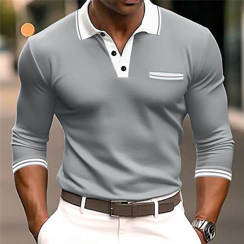 

Men's Polo Shirt Button Up Polos Casual Holiday Lapel Long Sleeve Fashion Basic Color Block Patchwork Summer Regular Fit Navy-blue Dark Grey White Burgundy Grey Polo Shirt