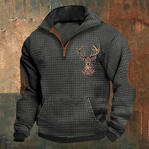 

Men's Waffle Sweatshirt Sweatshirt Quarter Zip Sweatshirt Black Dark Gray Half Zip Reindeer Print Christmas Daily Holiday Streetwear Casual Spring & Fall Clothing Apparel Hoodies Sweatshirts Long