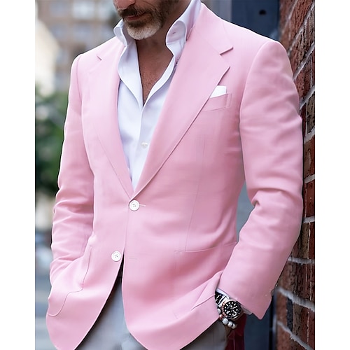 

Men's Blazer Business Cocktail Party Wedding Party Fashion Casual Spring & Fall Polyester Solid Color Button Pocket Comfortable Single Breasted Blazer Light Pink Yellow Pink Royal Blue