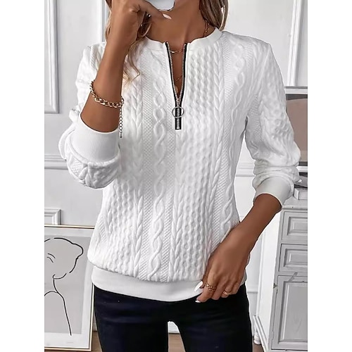 

Women's Sweatshirt Polyester Plain Work Zipper Elegant Modern Loose Fit Crew Neck Long Sleeve Micro-elastic Spring Fall