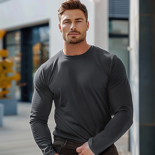 

Men's 100% Cotton T Shirt Long Sleeve T Shirt Solid Color Crew Neck Normal Outdoor Causal Crewneck Clothing Apparel Knitwear Daily