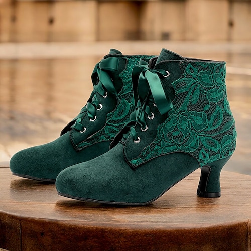 

Women's Victorian Lace-Up Ankle Boots - Green Suede High Heel Booties for Vintage and Steampunk Costumes