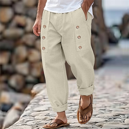 

Homme Pantalon en lin Pantalon pantalon été Boutons Poche avant Pli Plein Confort Respirable Toute la longueur Casual du quotidien Vacances Mode basique Ample Noir Blanche