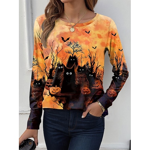 

Women's T shirt Tee Ombre Print Halloween Daily Casual Long Sleeve Crew Neck Round Neck Black Spring Fall