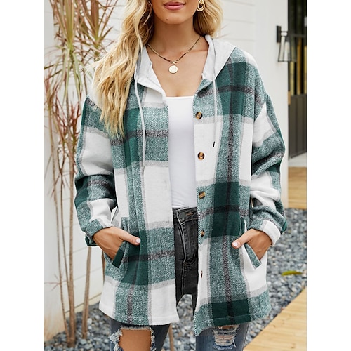 

Women's Casual Jacket Dailywear Button Plaid Casual / Daily Vintage Loose Fit Outerwear Long Sleeve Summer Wine Red S