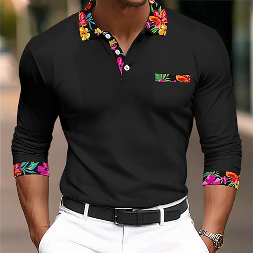 

Men's Polo Shirt Golf Polo Street Business Turndown Ribbed Polo Collar Long Sleeve Fashion Basic Solid Color Floral Patchwork Fall Winter Cross-Seasons Regular Fit Black White Orange Green Polo Shirt