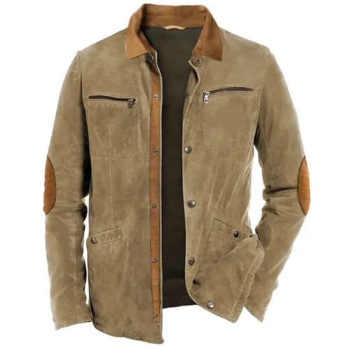 

Men's Windbreaker Faux Suede Jacket Brown Suede Jacket Casual Daily Windbreaker Patchwork Pocket Winter Spring & Fall Solid Color Vintage Fashion Shirt Collar Regular Khaki Jacket