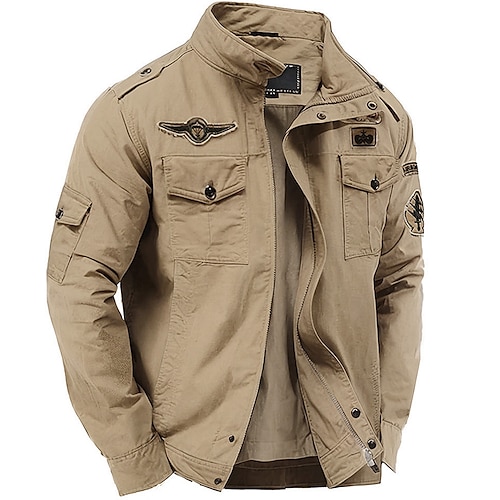 

Embroidered Men's Cargo Jacket Coat Side Pockets Zip Front Regular Fit Standing Collar Long Sleeve Cotton Jacket Breathable Comfortable Sports Outdoor Fall Winter Military Style Jacket