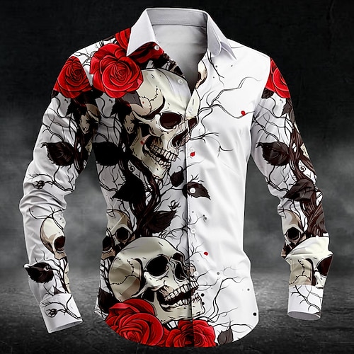 

Rose Skull Casual Dark Men's Button Up Shirt Long Sleeve Party Evening Daily Fall Winter Spring & Summer Shirt Collar Button Up 3D Print Thin Black White Blue Purple Green Polyester