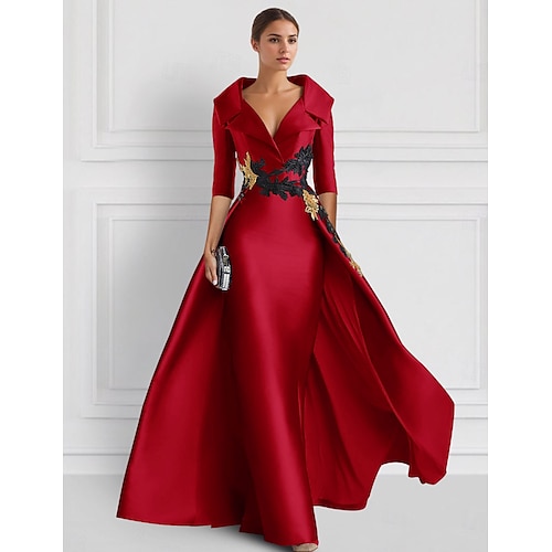 

Red A-Line Christmas Vintage Embroidered Evening Gown Elegant Dress Formal Floor Length 3/4 Length Sleeve Shirt Collar Satin with Appliques 2024