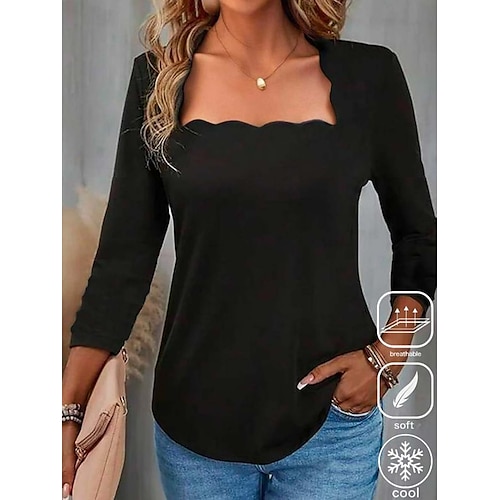 

Women's T shirt Tee Solid Color Daily Stylish Long Sleeve Square Neck Black Spring & Fall